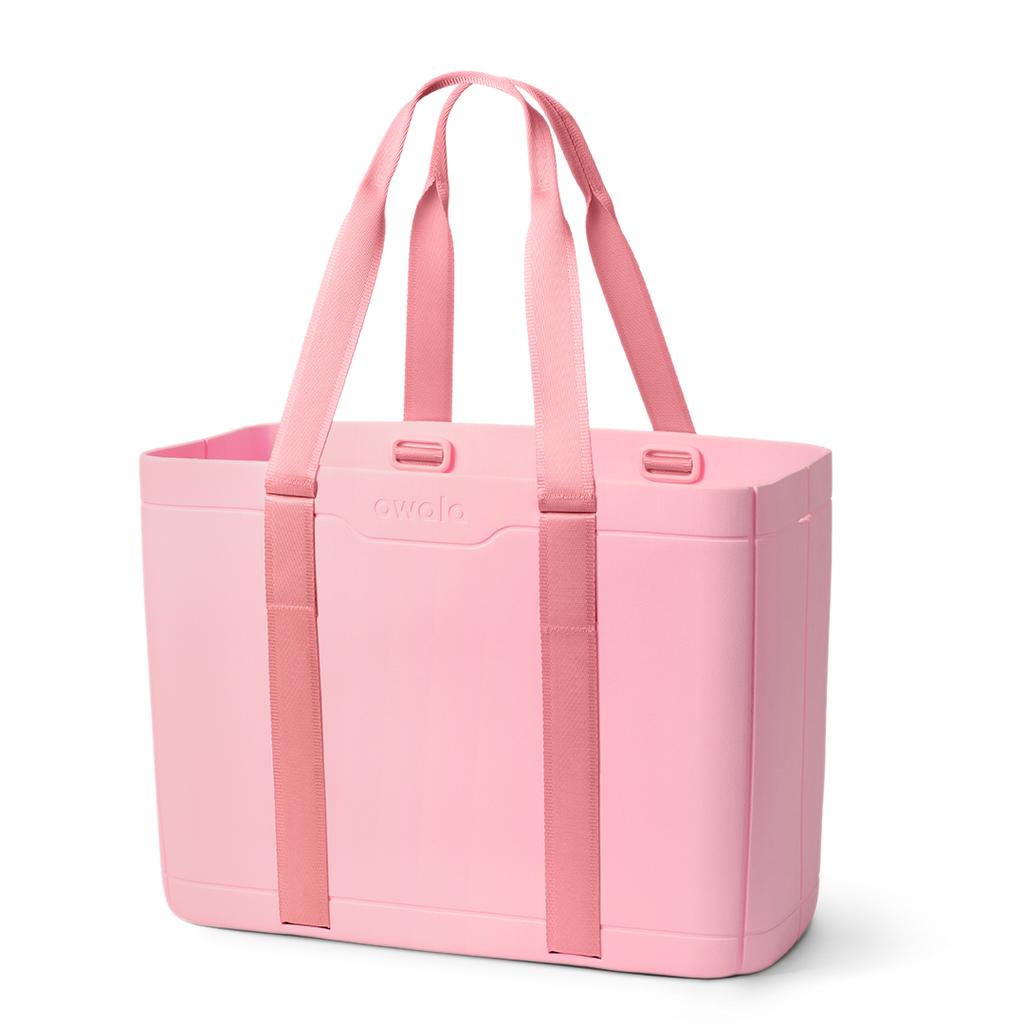 Sun-Day Collapsible Tote in Rosy Rays, solid light pink tote bag with matching pink carry loops and pink horizontal strap accent
