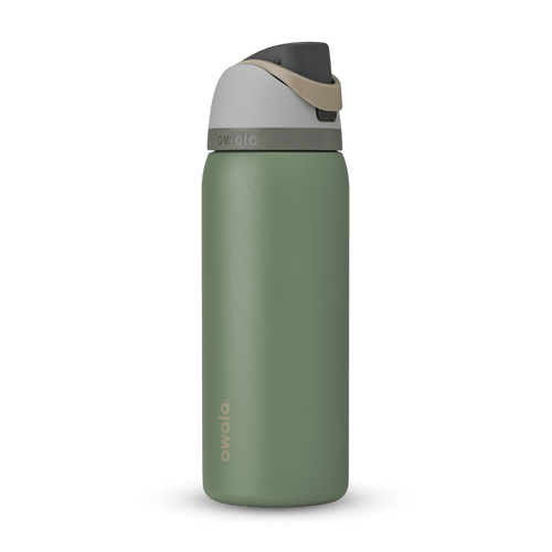 FreeSip 32oz in Green House, olive green body with light gray lid, tan carry loop, and dark gray flip cap